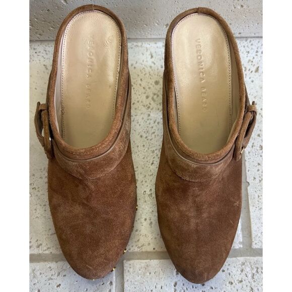 Veronica Beard Dacey Heeled Slip On Clogs Brown Suede Clogs Gold Accents Sz 11 - Picture 6 of 15